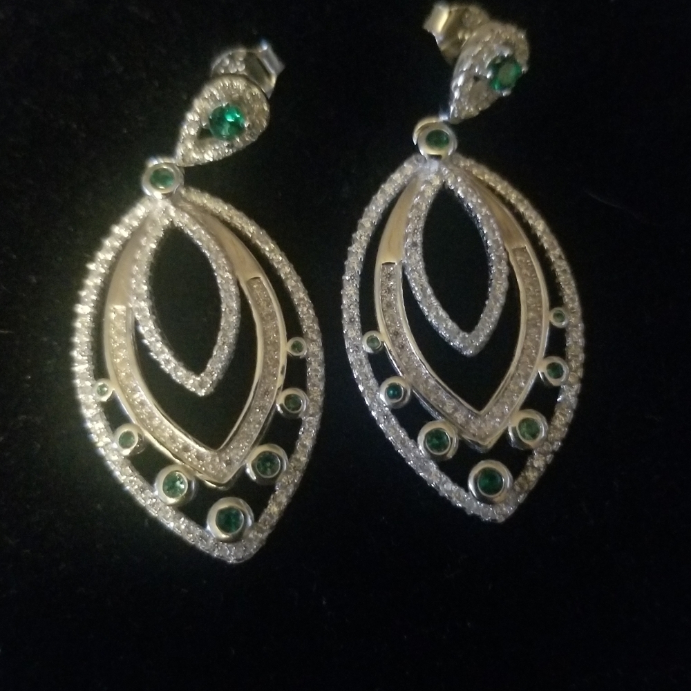 NWT  Genuine Emerald, Man-Made White Sapphire .925 Sterling Silver Earrings